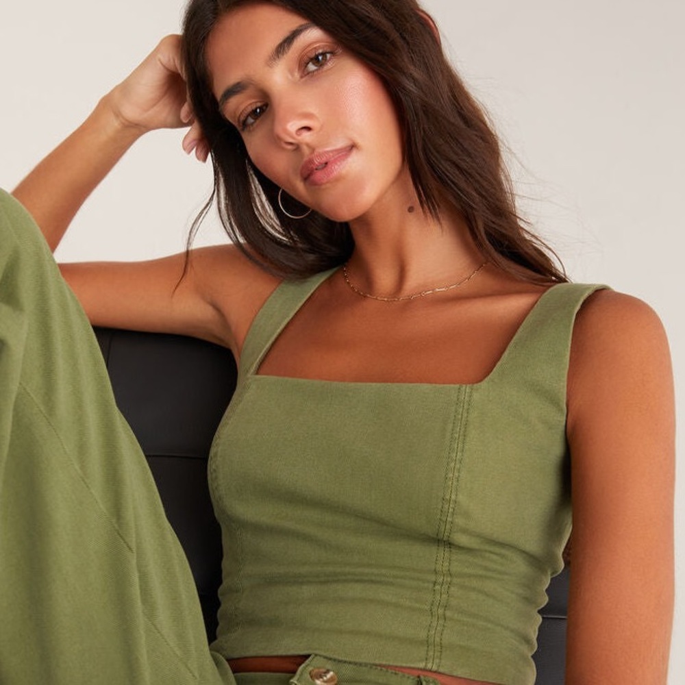 Z Supply mika cotton twill tank square neck corset crop size medium olive green